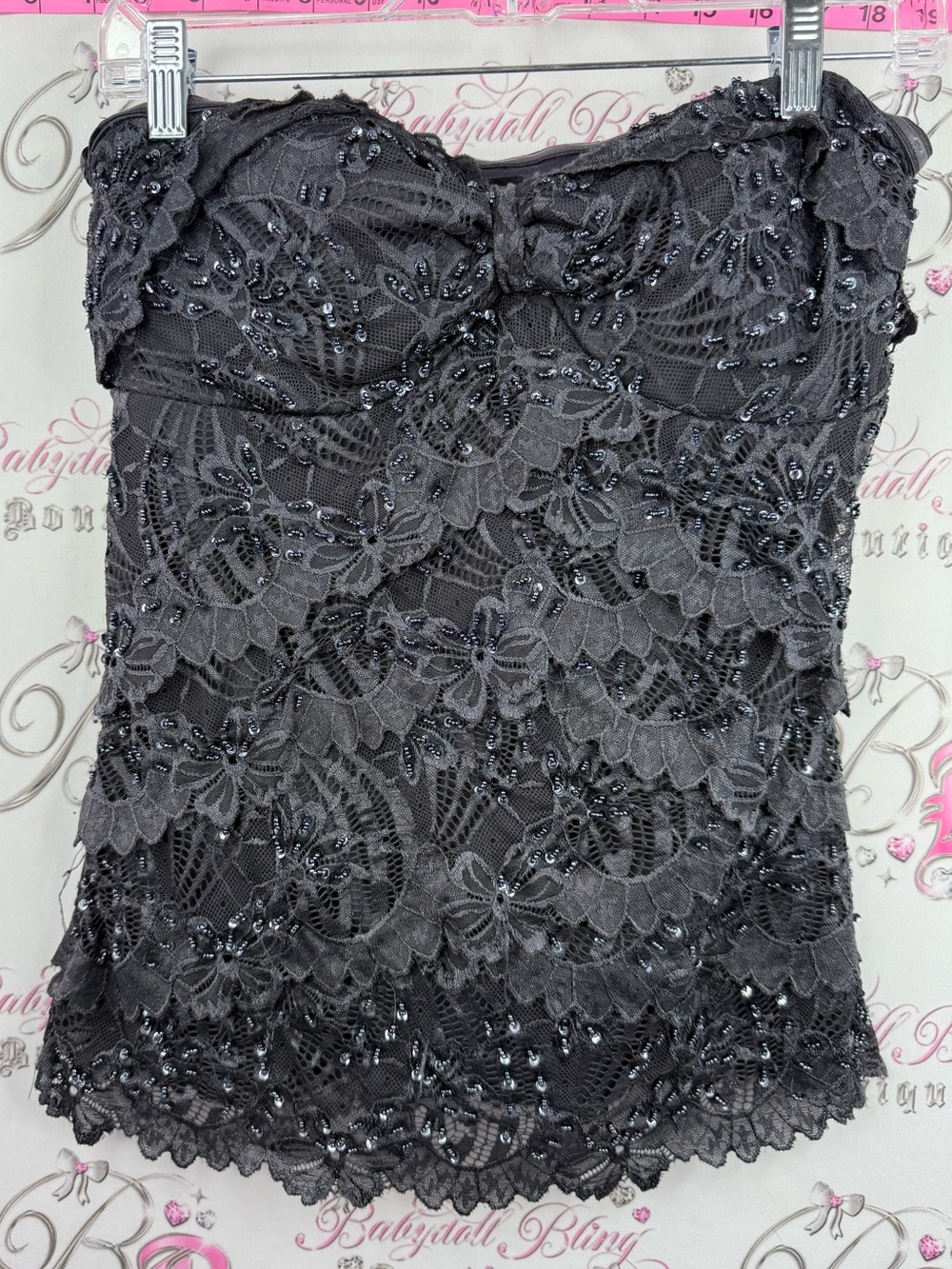 le chateau strapless beaded sequin top Black grey Lace Strapless Beaded Camisole